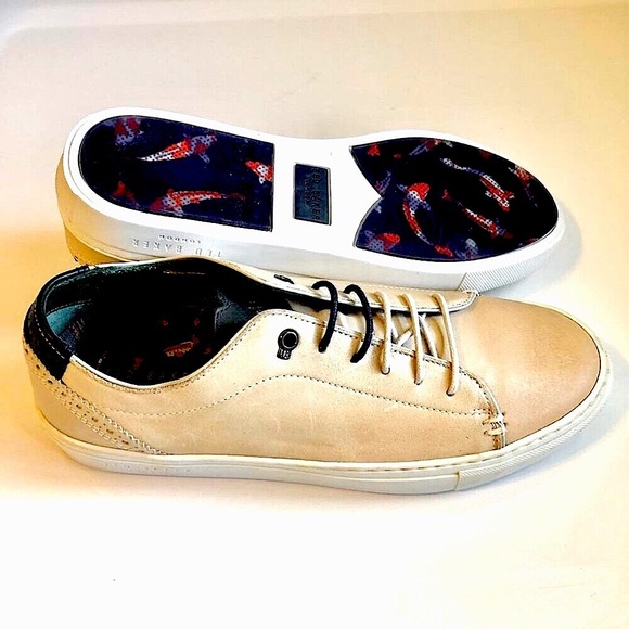 NWT Mens TED BAKER Duuke Brogue Beige Leather Trainers Sneaker 8.5 MSRP $670